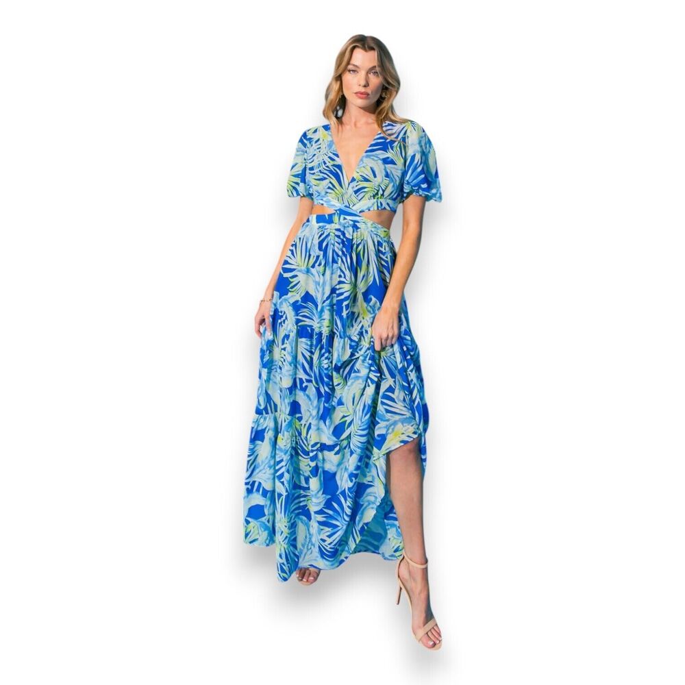 FLYING‎ TOMATO Royal Blue Beach Tropical Woven Maxi Cutout Dress Size S